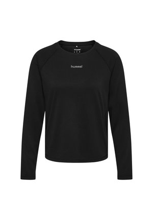 Sort langærmet sports-T-shirt med rund hals og "hummel"-logo centreret på brystet, tekstureret stof og raglanærmer.