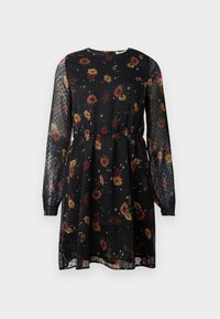 Robe noire à fleurs en tissu transparent. Elle présente de longues manches bouffantes, un col rond, une taille élastique, et un motif à pois avec diverses fleurs.