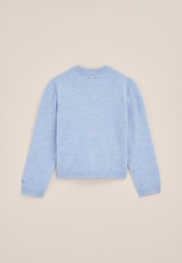 Hellblauer Strickpullover mit langen Ärmeln, gerippten Bündchen und Saum, von hinten auf einem schlichten beigen Hintergrund dargestellt.