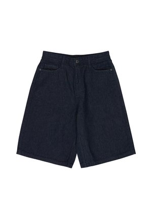 Tmavomodré rifľové šortky po kolená s prednými vreckami, pútkami na opasok a zapínaním na gombík v páse.