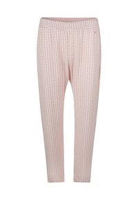 Roze, gemusterde broek met een losse pasvorm, van een zacht materiaal, met een elastische tailleband en een bladerenpatroon in een lichtere tint.