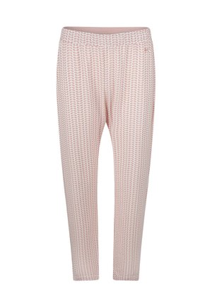 Roze, gemusterde broek met een losse pasvorm, van een zacht materiaal, met een elastische tailleband en een bladerenpatroon in een lichtere tint.