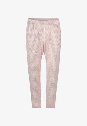 Roze, gemusterde broek met een losse pasvorm, van een zacht materiaal, met een elastische tailleband en een bladerenpatroon in een lichtere tint.