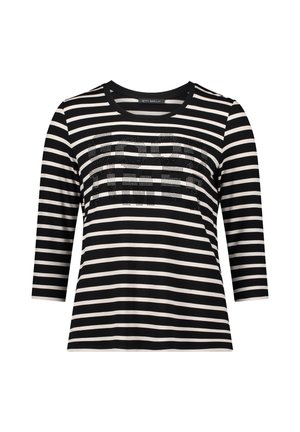 Langarmshirt mit schwarz-weißen Streifen, runder Halsausschnitt und einem strukturierten grafischen Design aus Strasssteinen über der Brust.