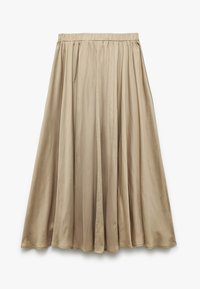 En beige, lang A-line nederdel lavet af glat, blankt stof med en elastisk talje og bløde draperingsdetaljer.