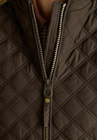 Brūns izšūtais mētelis ar augstu apkakli, zelta krāsas rāvējslēdzēju un houndstooth raksta odere, piedāvā gludu, teksturētu audumu.