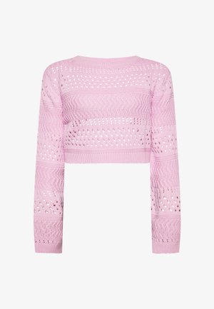 Pull court tricoté rose clair à manches longues avec un motif ajouré texturé sur tout le tissu.