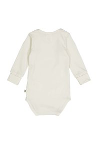 Světle béžový dlouhý rukáv dětský overálek s kulatým výstřihem a manžetovými rukávy. Obsahuje patentky ve spodní části pro snadné oblékání.