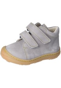Šedá kožená dětská bota se dvěma suchými zipy, kulatou špičkou, žlutým prošíváním a béžovou gumovou podrážkou.