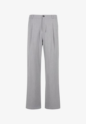 Gray pleated trousers made of lightweight fabric, featuring a button closure, wide legs, and a smooth texture with a subtle pattern.