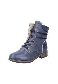 Bottine bleue en cuir, avec doublure en fausse fourrure, accents cousus, avant à lacets et petit talon empilé.