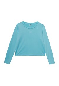 Helles blaues, langärmeliges, cropped Oberteil aus atmungsaktivem Stoff mit Rundhalsausschnitt und kleinem Logo auf der Vorderseite. Glatte Textur, minimalistisches Design.
