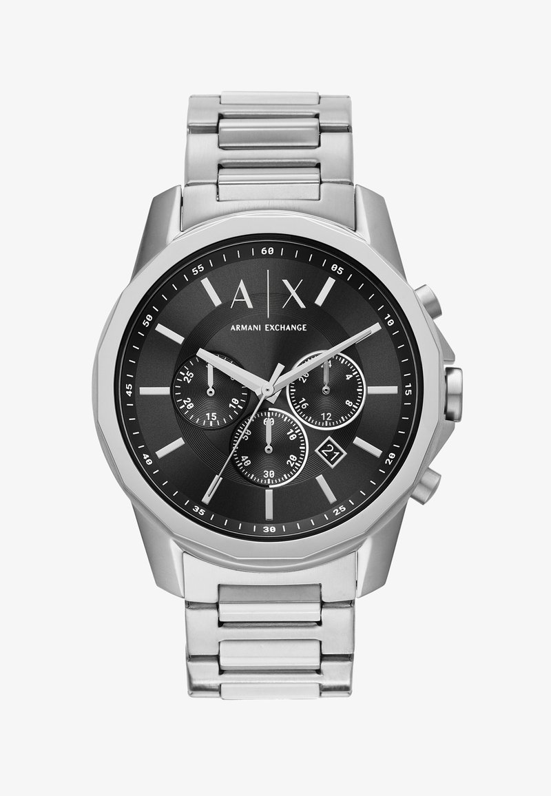Orologio Armani Exchange color cromo con quadrante nero, tre sottodial e dettagli in argento. Bracciale a maglie in acciaio con finitura lucida.