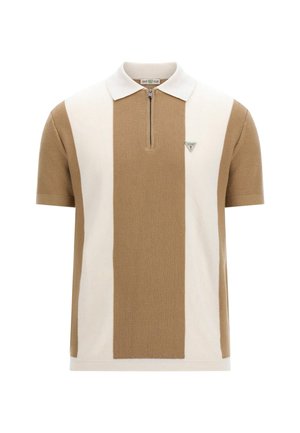 Polo shirt à manches courtes rayé marron et crème avec un col zippé et un tissu texturé. Présente un petit logo triangulaire vert sur la poitrine.