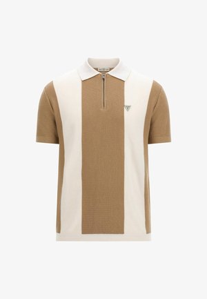 Brown and cream striped short-sleeve polo shirt with a zippered collar and textured fabric. Features a small, green triangular logo on the chest.