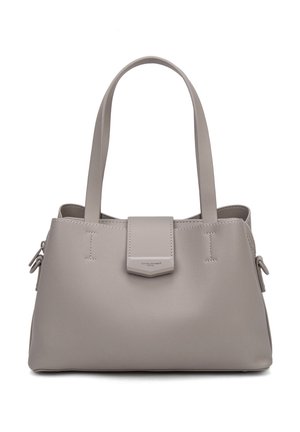 Borsa strutturata grigia con due spallacci, chiusura a patta, tasche laterali con cerniera e superficie in pelle strutturata.