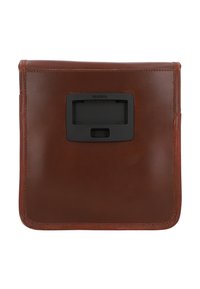 Brown leather bag with a smooth texture, featuring a black Klickfix hardware attachment on the front and stitched edges. Square shape.