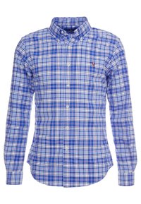 Niebieska i biała koszula w kratę z d�ługimi rękawami, kołnierzykiem zapinanym na guziki oraz małym logo na piersi. Wykonana z tkanej bawełny.