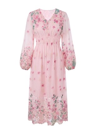 Hellrosa Midi-Kleid mit langen Ärmeln, Blumenmuster, V-Ausschnitt, taillierter Taille und Knopfdetails an der Brust.