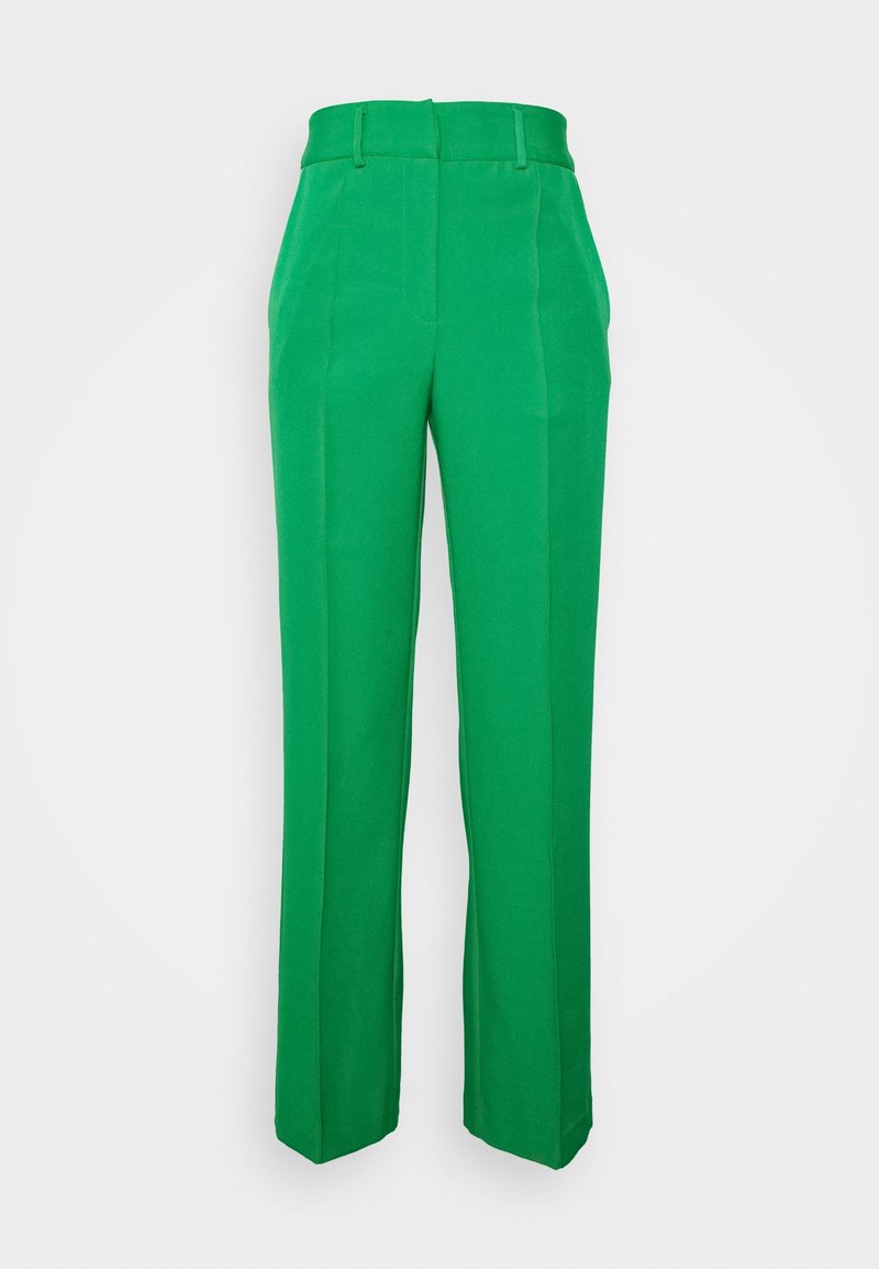 Pantalons verts tailles hautes en tissu lisse. Caractéristiques des jambes droites, des plis marqués et deux poches avant.