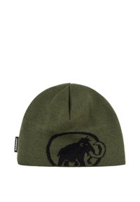 Green knitted beanie with a black mammoth design. Features a smooth texture, rounded shape, and is made from flexible, warm material.