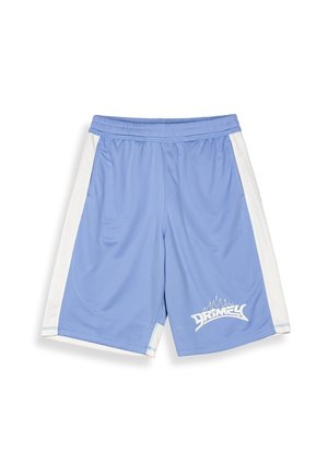 Pantalones cortos deportivos de color azul claro, hechos de tela de malla con paneles laterales blancos. Presentan un logotipo gráfico en blanco en la parte inferior izquierda delantera. Cintura elástica.