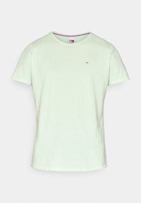 Svetle zelené bavlněné tričko s krátkými rukávy a kulatým výstřihem. Obsahuje malé logo na hrudi a pruhovaný detail na vnitřním výstřihu.