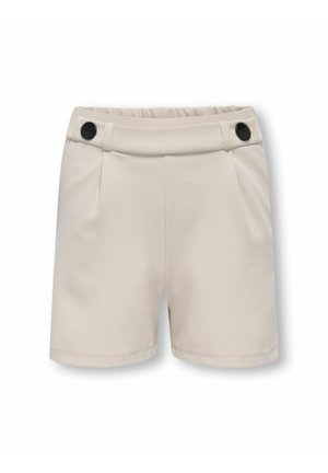 Beige tailored shorts with elastic waistband, two side pockets, and black buttons on each side of the waistband.