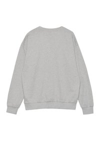 Szara bluza z luźnym krojem, opadającymi ramionami, ściągaczami przy mankietach i u dołu. Miękka tekstura, bez wzorów czy ozdób.