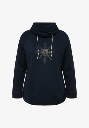 Marineblauwe sweatshirt met een col, voorzien van een zilveren sneeuwvlokontwerp. Het heeft een ontspannen pasvorm en trektouwaccenten in een gevlochten patroon.