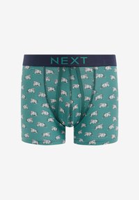 Zöld férfi boxeralsó fehér és piros kutyás mintával, navy kék derékkel, amelyen a "NEXT" logó és finom vízszintes csíkok találhatók.