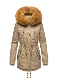 Beige jacket with a large faux fur hood, quilted texture, drawstring waist, and two front pockets. Features dark buttons and light brown accents.
