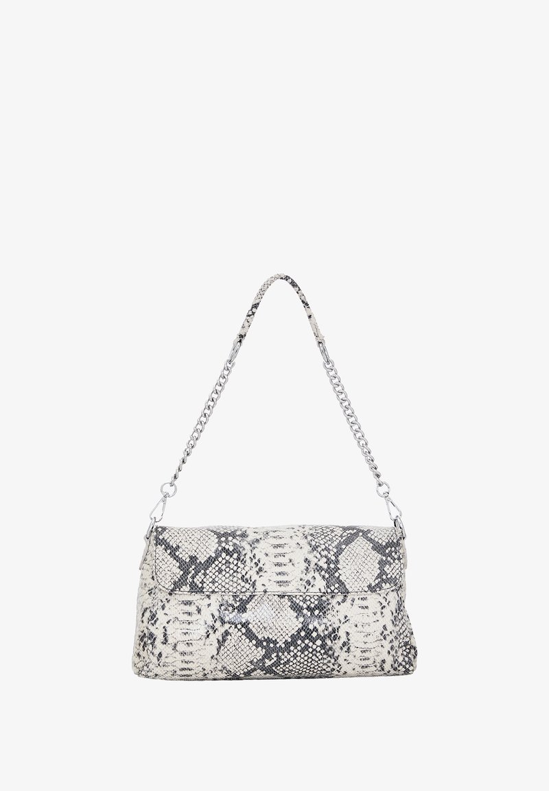 Torebka w wzór węża w odcieniach szaro-białych z łańcuszkowym paskiem. Charakteryzuje się zrównoważoną konstrukcją i gładką fakturą. Zamek błyskawiczny u góry.