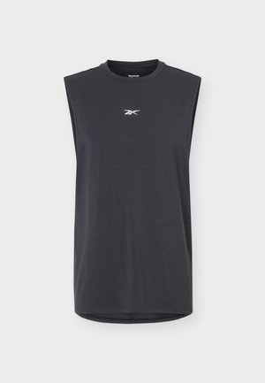 Musta hihaton urheilutoppi, jossa on pyöreä pääntie ja pieni valkoinen Reebokin logo rinnassa keskellä.