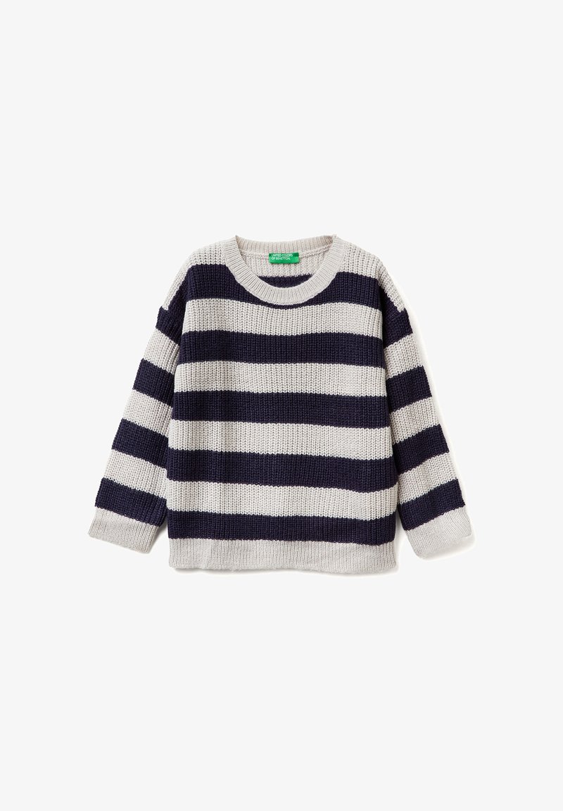 Maglione a maglia a righe crema e blu navy. Presenta un colletto rotondo, maniche lunghe e una vestibilità comoda. Tessuto morbido con polsini e orlo a costine.