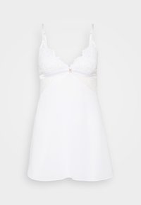 Rochie de noapte albă cu detalii din dantelă, bretele ajustabile și decolteu în V. Prezintă un fermoar decorativ central și o siluetă fluidă în formă de A.