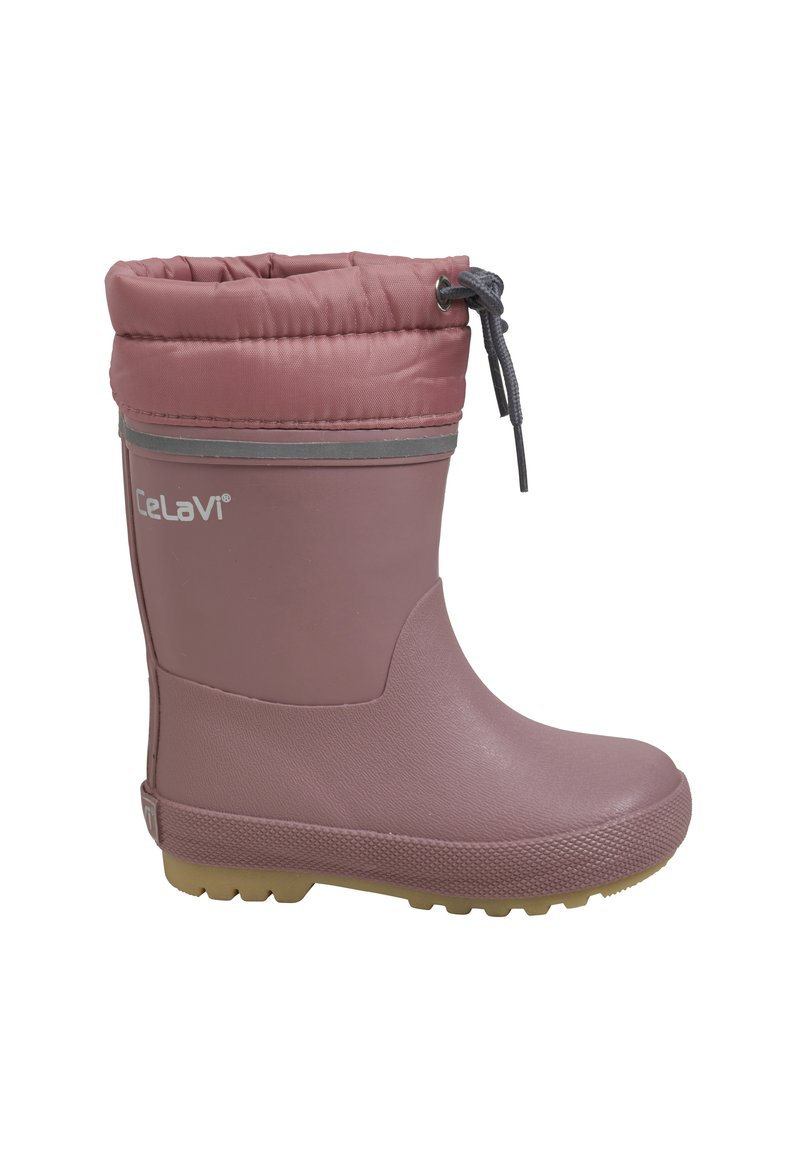 Botte en caoutchouc rose imperméable avec un haut rembourré, fermeture à cordon de serrage, corps texturé et semelle en caoutchouc beige pour une meilleure adhérence.