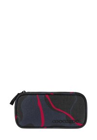 Black pencil case with abstract blue and red patterns, zip closure, and embossed logo on the front, featuring a rectangular shape and textured material.