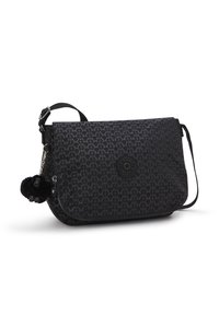 Black patterned shoulder bag made of durable fabric, featuring a front zipper, adjustable strap, and a black pom-pom charm accent.