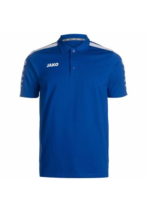 Blauwe polo met een kraag van katoen, voorzien van een puntige kraag, twee knopen en een wit JAKO-logo op de borst en schouder met grijze accenten.