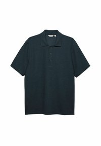 Mörk marinblå polo skjorta tillverkad av strukturerad tyg. Har en klassisk krage, treknappslå och korta ärmar.