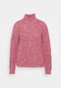 Sweter dzianinowy z wysokim kołnierzem w odcieniach różu, czerwieni i fioletu. Posiada długie rękawy oraz teksturowany, gruby wzór.