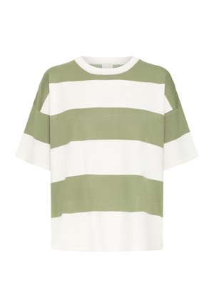 Kratka majica s kratkimi rokavi, ohlapnega kroja, z širokimi olivno zelenimi in belimi črtami. Mehka pletenina z okroglim vratom in sproščenim oprijetjem.