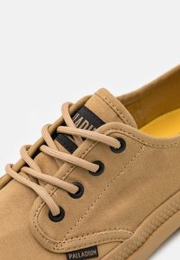 Tumšbrūnas auduma čības ar melnām šņorēm, gumijas zole un izteiksmīga logotipa birka sānos. Iespējas metāla acis un teksturēta virsma.