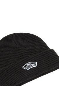 Berretto in maglia a coste nera con risvolto, dotato di un patch bianco con il logo "Off The Wall" di Vans sul davanti.