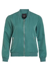 Blouson aviateur vert sarcelle avec fermeture éclair à l'avant, col, poignets et ourlet côtelés, et deux poches latérales zippées.
