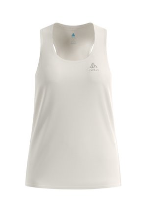 Weißes ärmelloses Sport-Top mit rundem Ausschnitt und kleinem grauem Odlo-Logo auf der oberen linken Brust.
