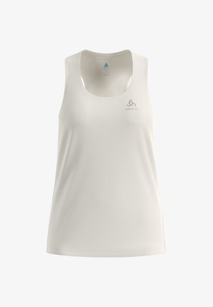 Weißes ärmelloses Sport-Top mit rundem Ausschnitt und kleinem grauem Odlo-Logo auf der oberen linken Brust.