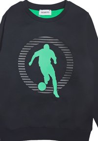 Maglione nero con una silhouette verde di un calciatore che dribbla un pallone, circondato da strisce circolari concentriche. Tessuto in cotone misto.