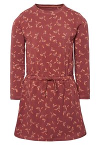 Robe à manches longues brun rougeâtre avec petit motif floral de feuilles et baies, taille élastique et détail noué à l'avant.